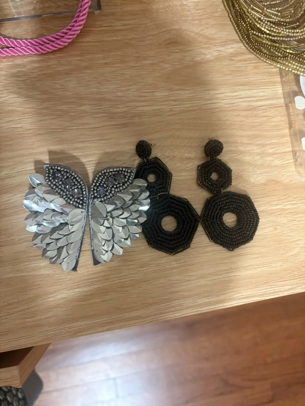 Black Beaded Hexagon Drop Earrings & Silver Butterfly Applique Set
